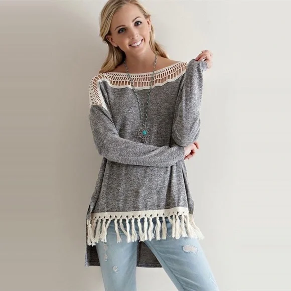 Crochet Lace Fringe Trim High Low Knit Top - Picture 6 of 6